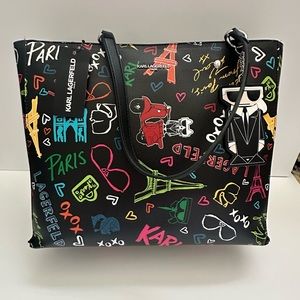 Karl Lagerfeld black & multicolor shoulder purse tote graffiti faux leather